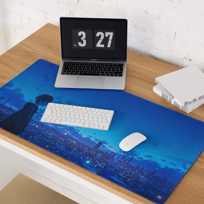 Blue anime night city silhouette gaming mousepad with non-slip backing