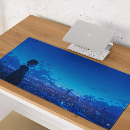 Blue anime silhouette mousepad with night cityscape, non-slip backing
