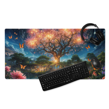 Epic Fantasy Tree Landscape gaming mouse pad with glowing tree, fireworks, butterflies, mountains, edge stitching, non-slip base