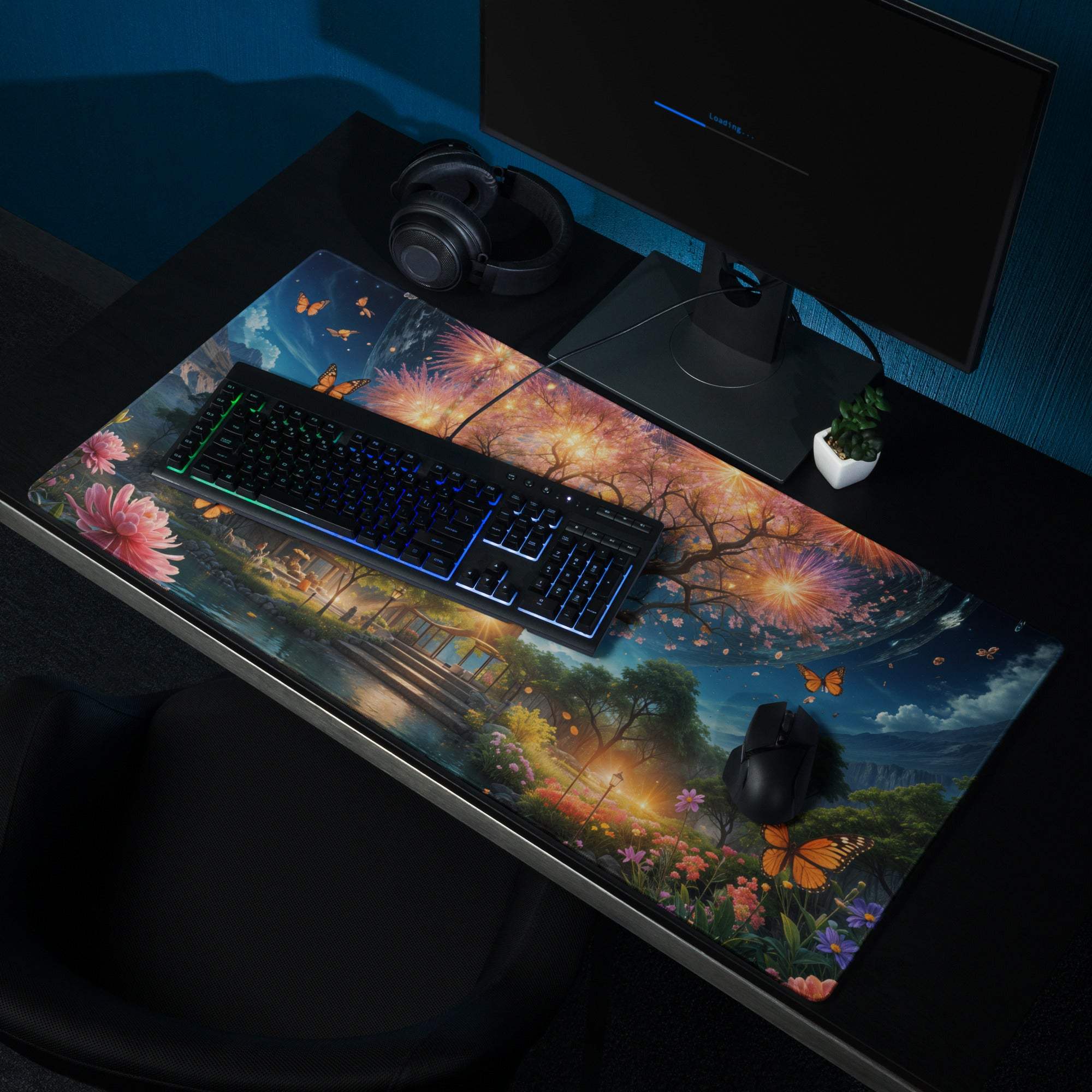 Epic fantasy tree landscape gaming mouse pad with vibrant night fireworks, blossoms, butterflies, edge stitching, non-slip base