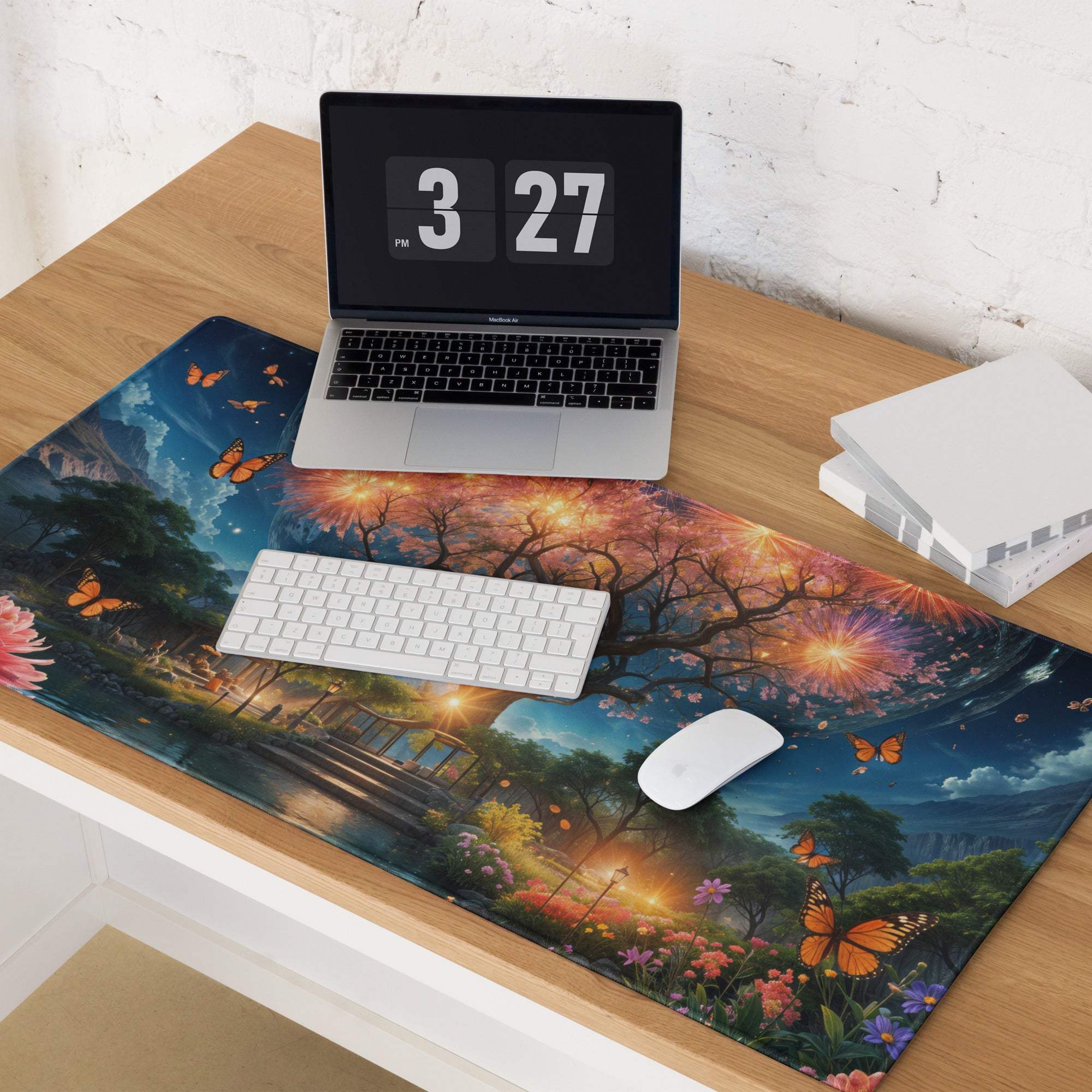Epic fantasy tree landscape gaming mouse pad with vibrant night scene, butterflies, fireworks