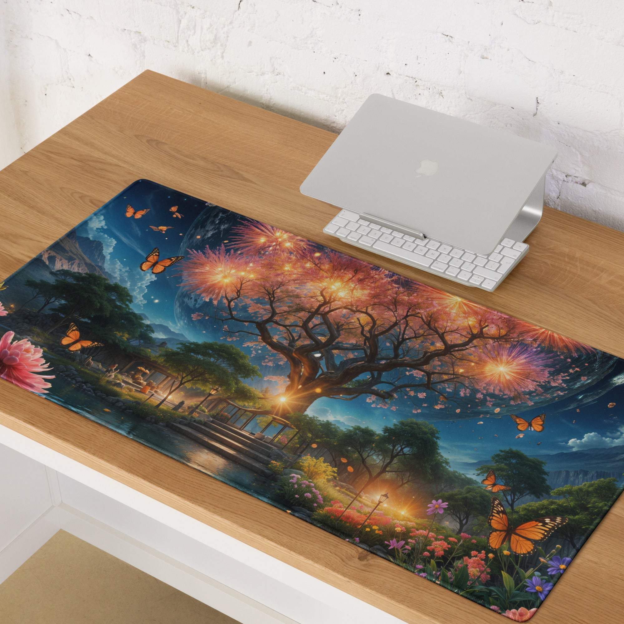 Epic Fantasy Tree Landscape gaming mouse pad with glowing tree, fireworks, twilight sky
