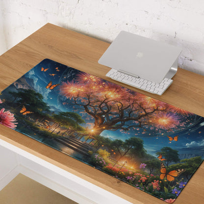Epic Fantasy Tree Landscape gaming mouse pad with glowing tree, fireworks, twilight sky