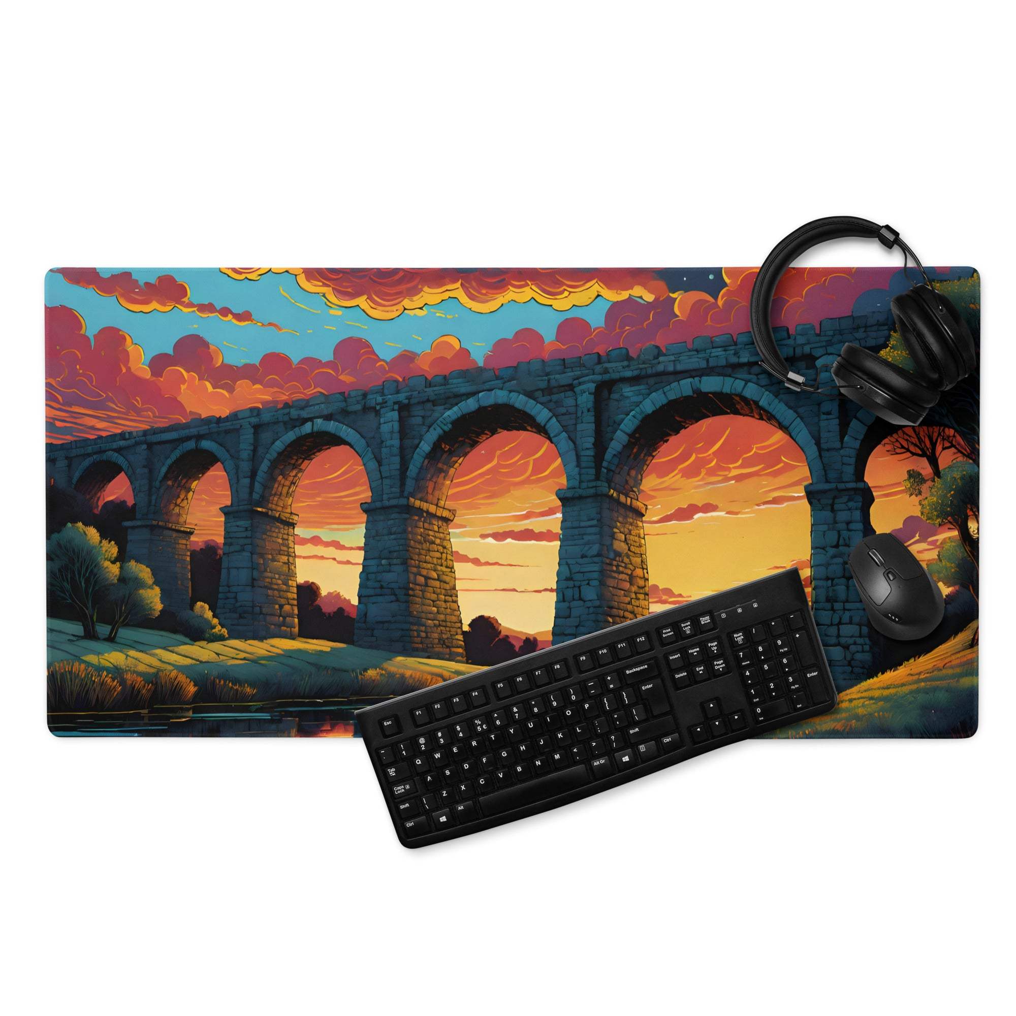 Vivid sunset aqueduct gaming mouse pad with non-slip base and stitching