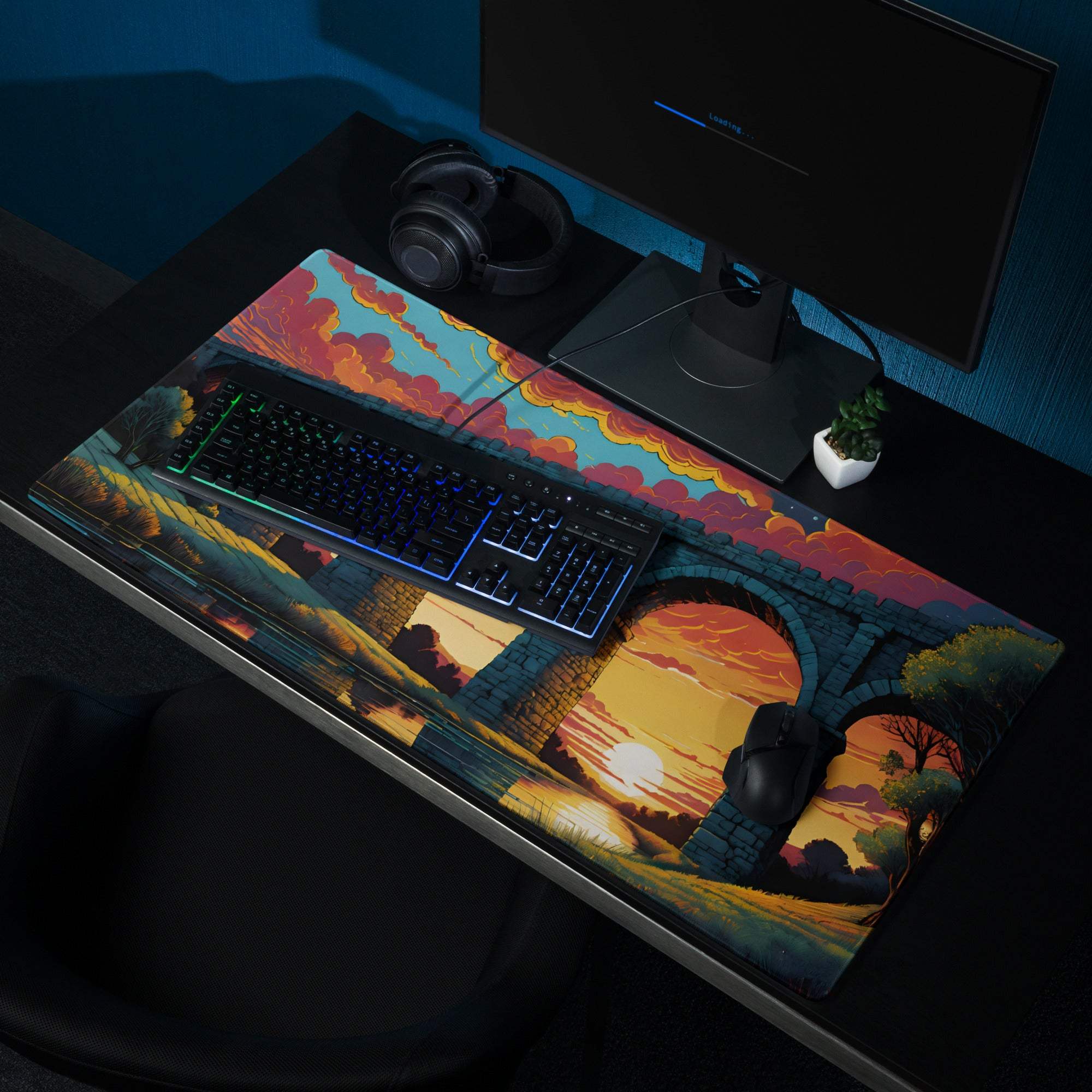 Vivid sunset bridge gaming mouse pad with non-slip base and stitching
