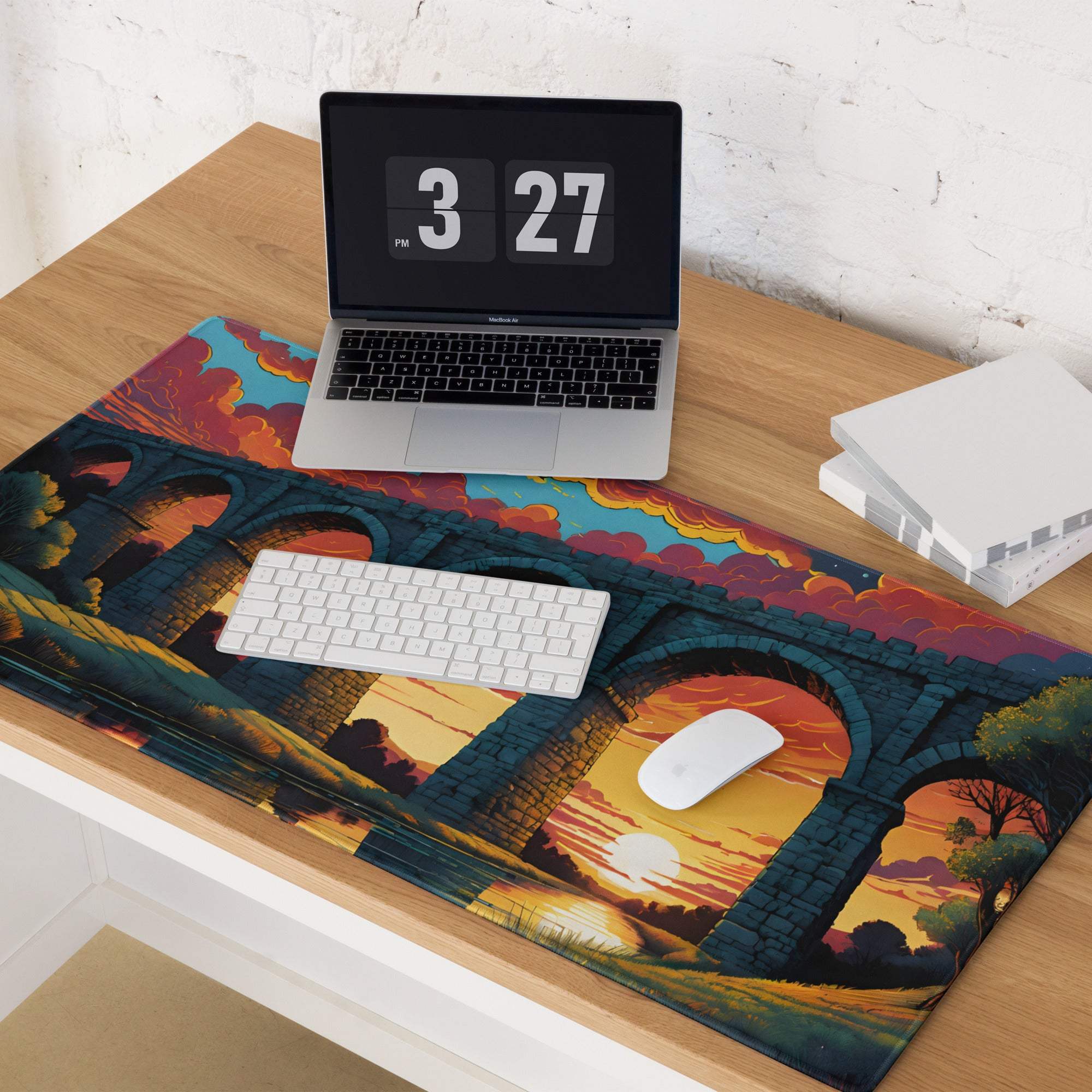 Vivid sunset bridge aqueduct gaming mouse pad with non-slip base
