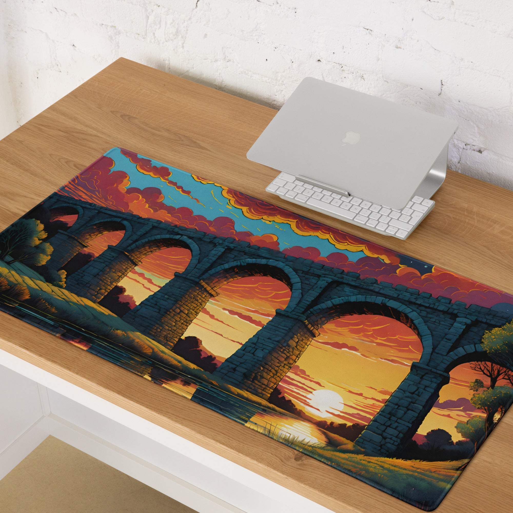 Vivid sunset bridge aqueduct gaming mouse pad with non-slip base