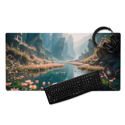 Epic misty blue scenic gaming mouse pad with pink flowers river cliffs
