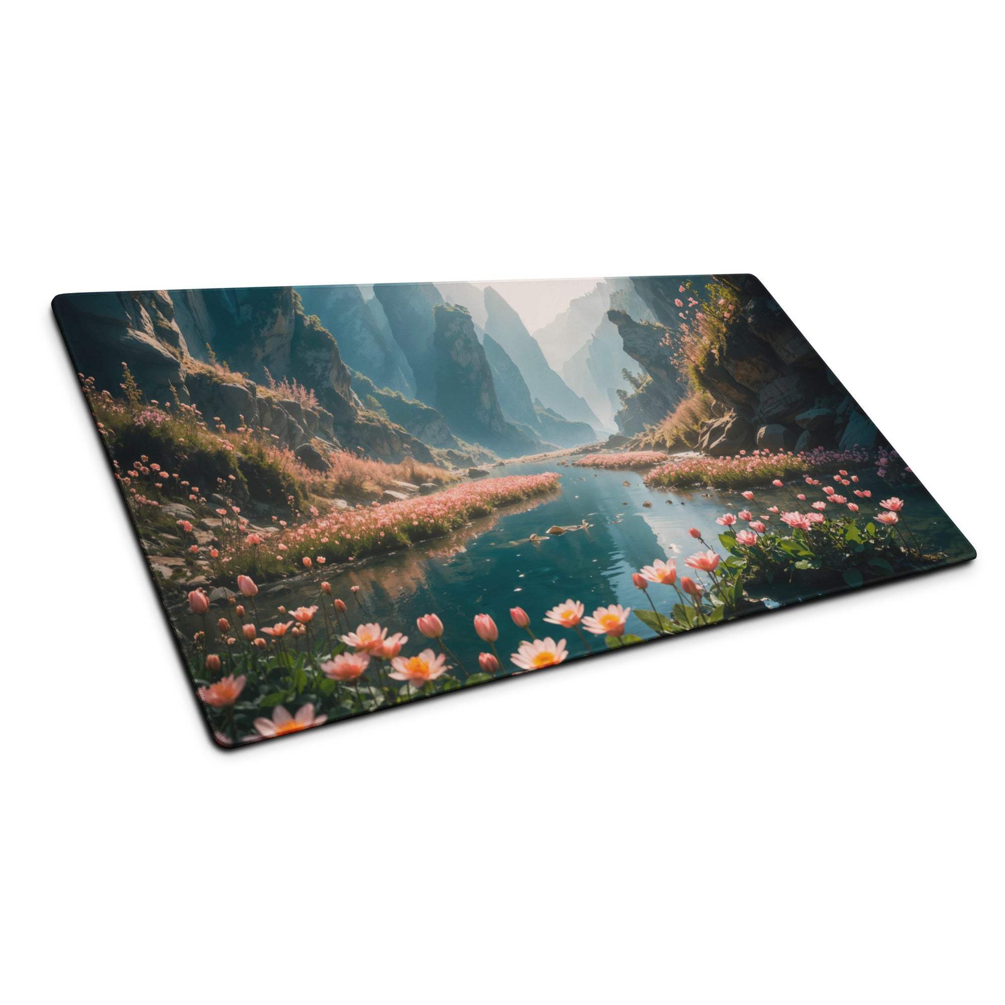 Epic Misty Blue mountain valley mouse pad with flowers, river, non-slip backing