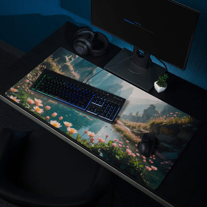 Epic Misty Blue gaming mousepad with pink water lilies landscape