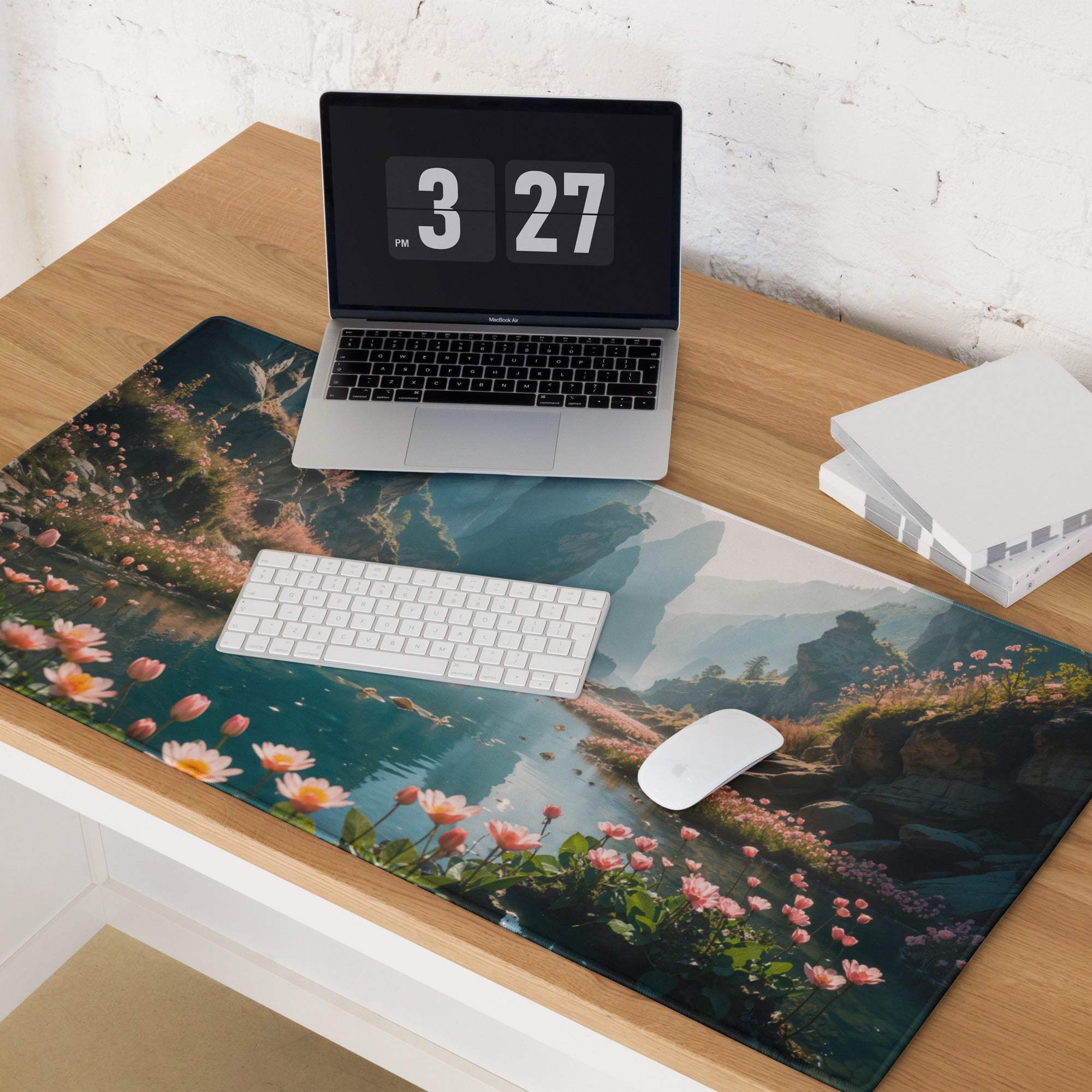 Epic Misty Blue scenic gaming mouse pad with pink flowers, mountains, reflective water