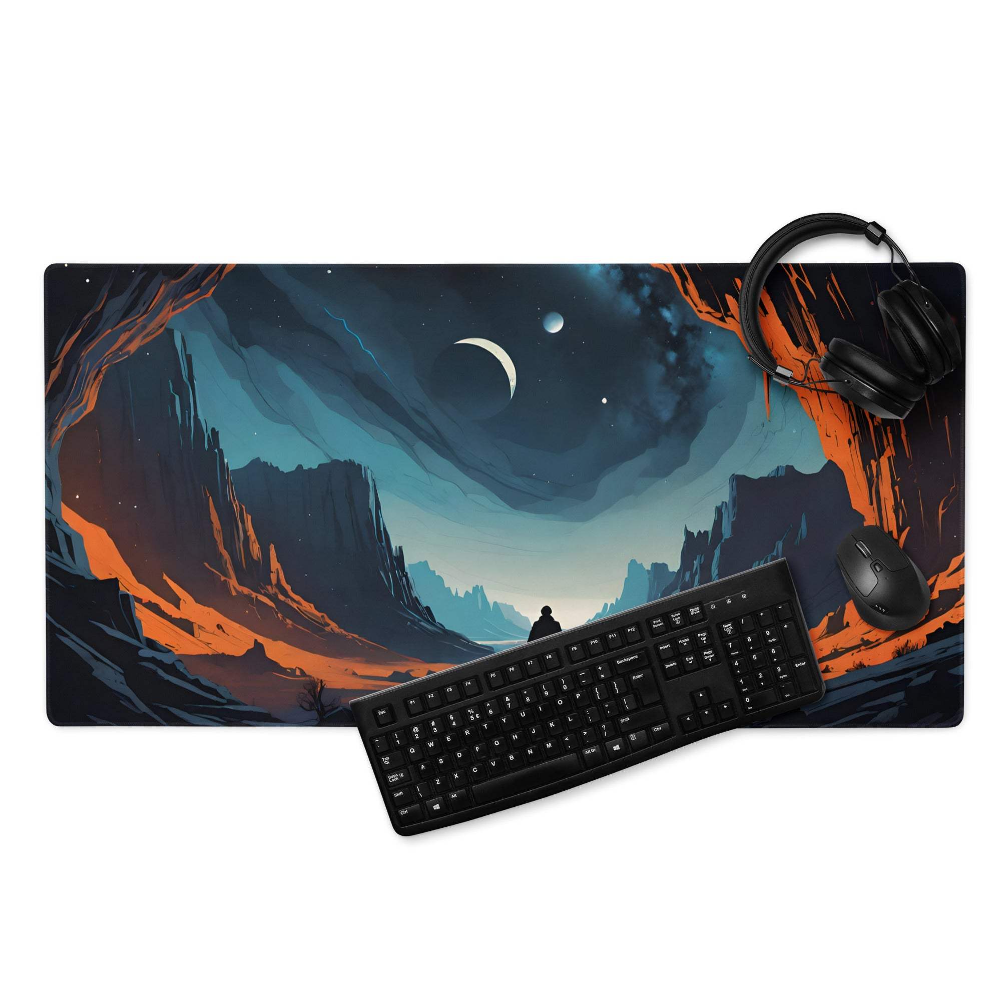 Epic blue orange night sky canyon gaming mouse pad with lone figure