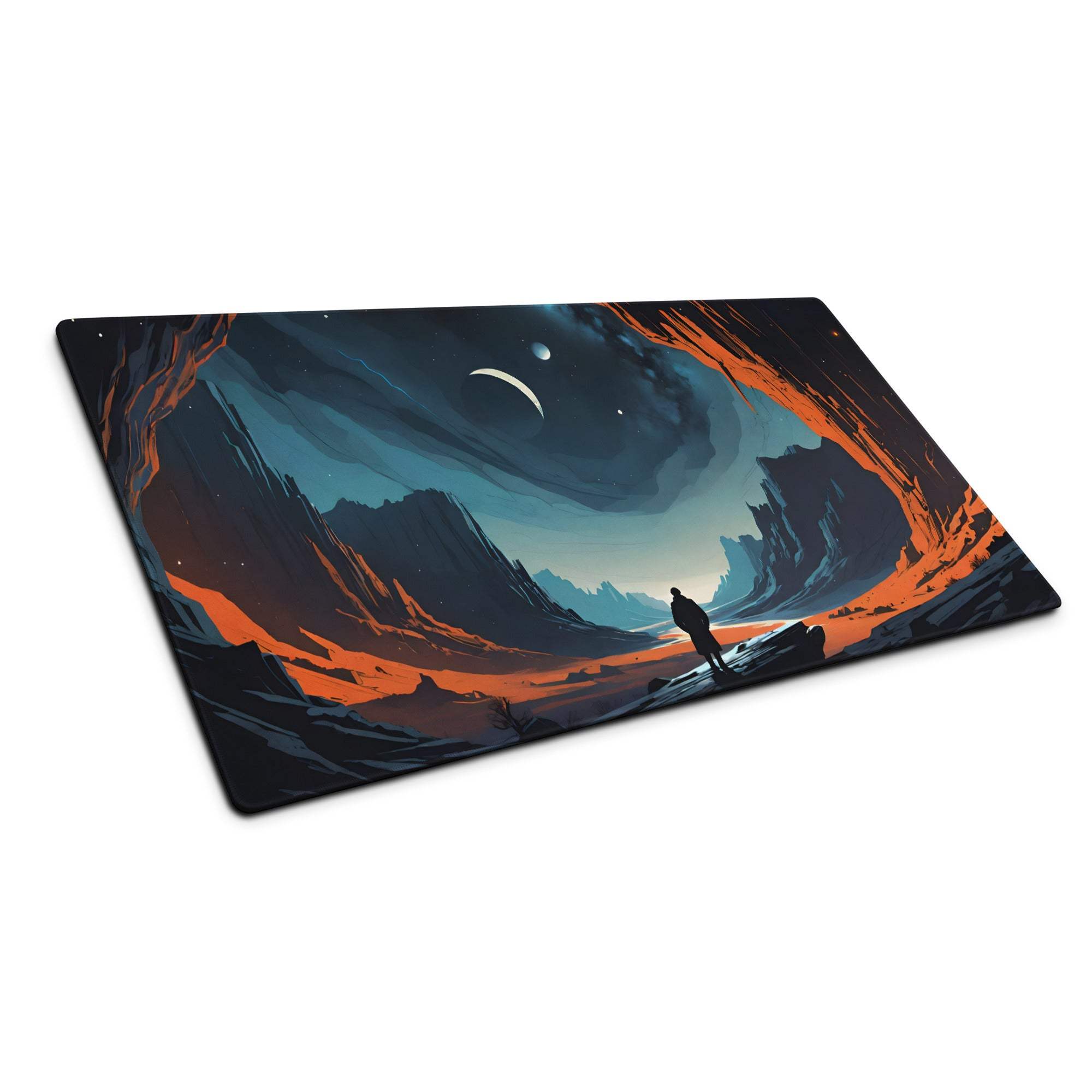 Epic blue orange night sky canyon gaming mouse pad with lone figure