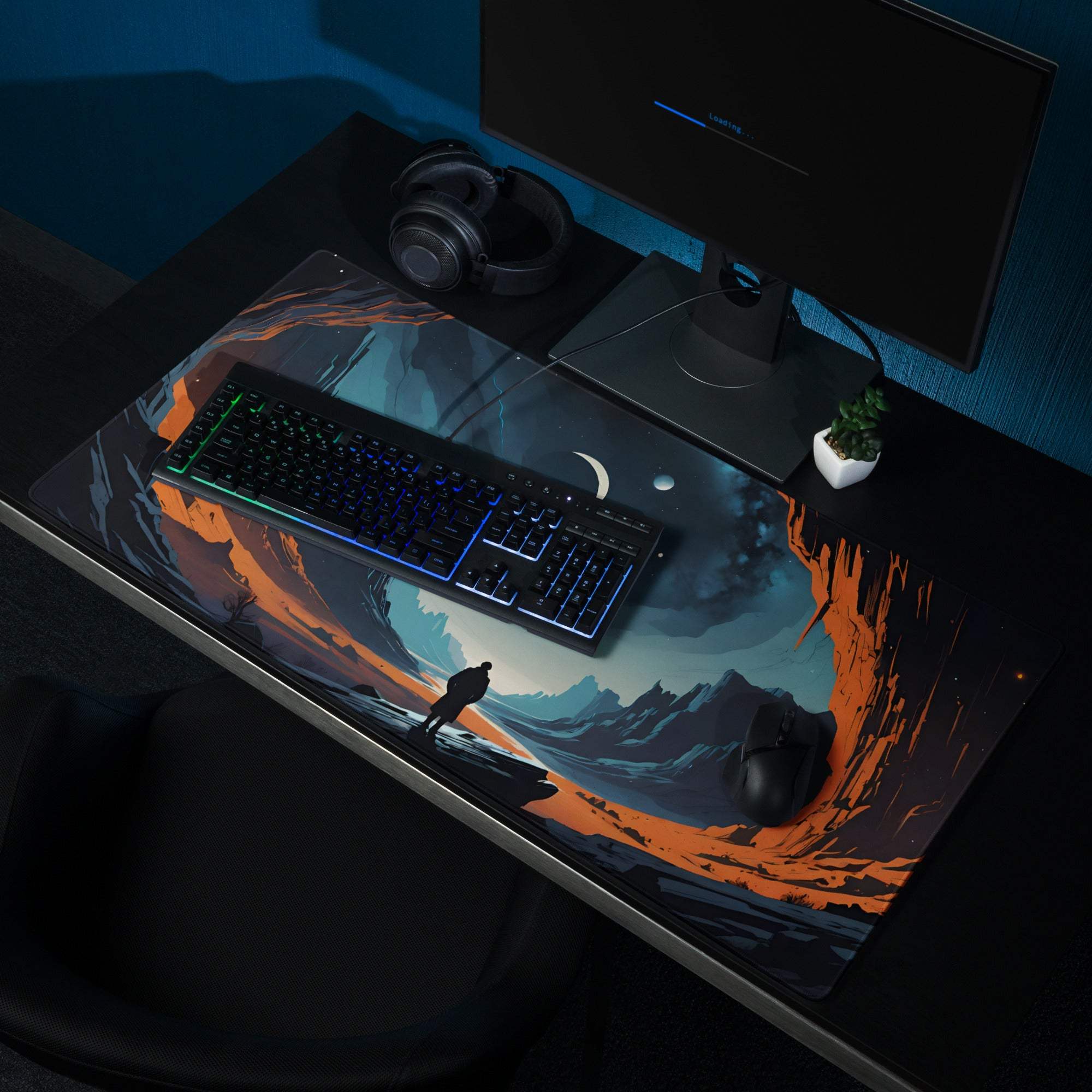 Epic blue orange night sky canyon gaming mouse pad with cosmic landscape