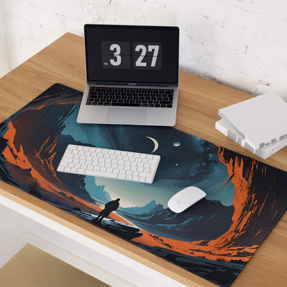 Epic blue orange night sky canyon gaming mouse pad with cosmic scene