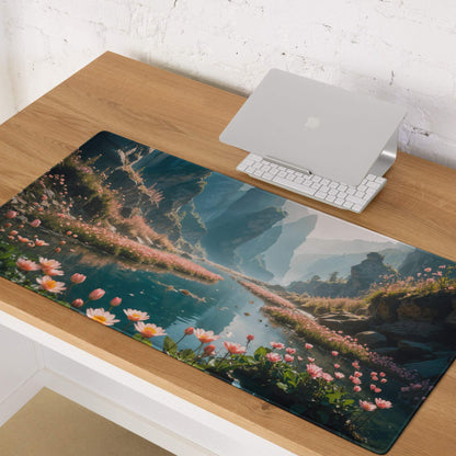 Serene Landscape large gaming mouse pad with pink flowers, river, misty mountains