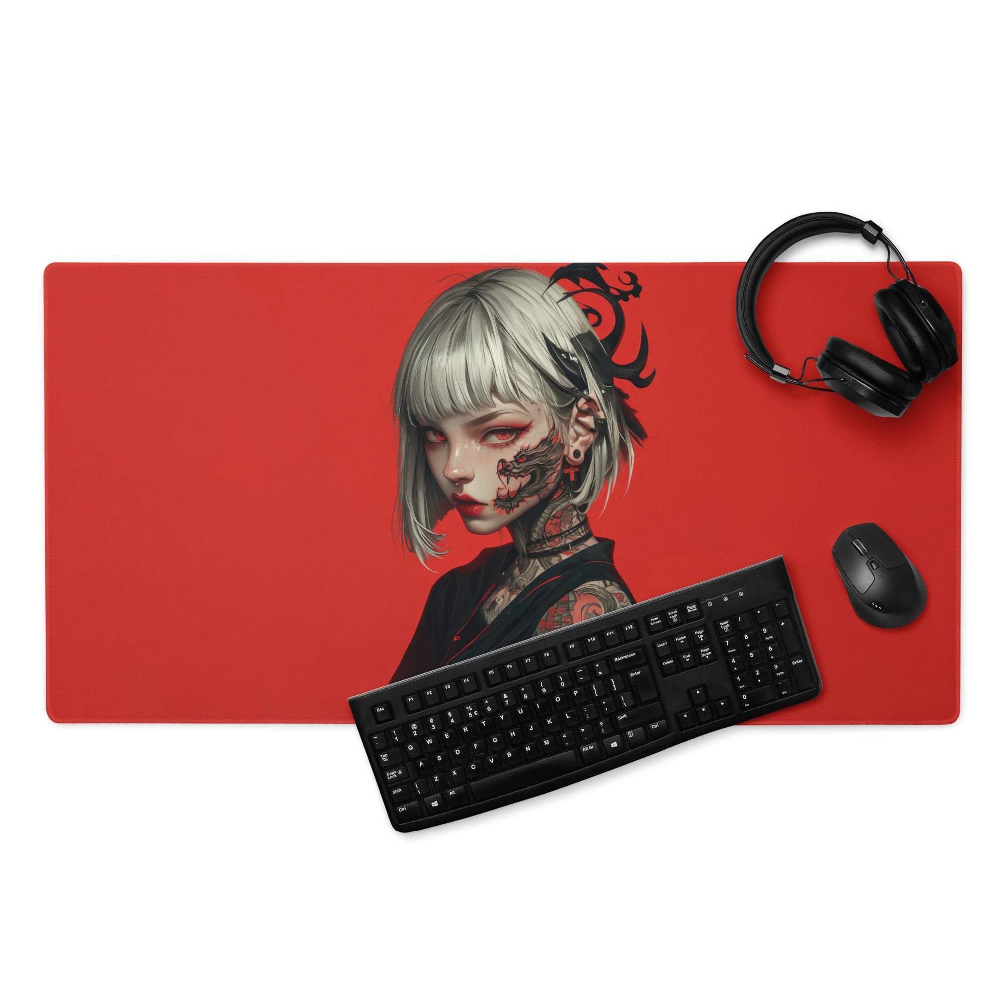 Red tattooed anime girl gaming mouse pad with silver hair, large non-slip base