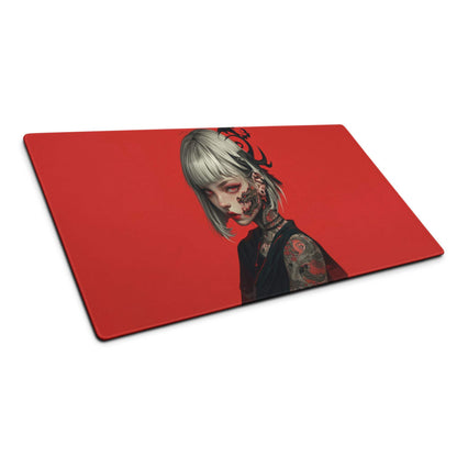Red themed tattooed girl anime mouse pad with silver hair, non-slip base