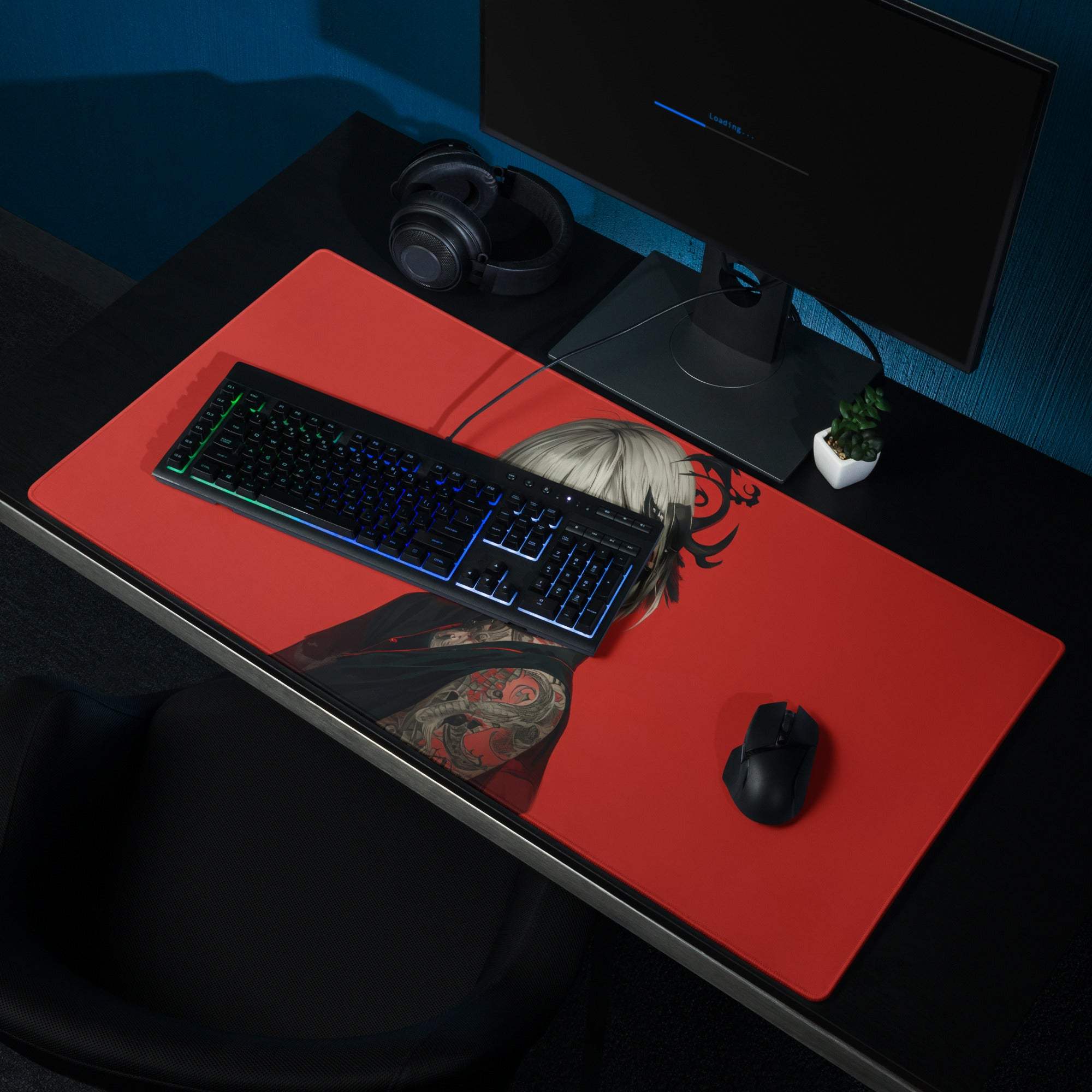 Red gaming mousepad with white-haired tattooed anime girl artwork