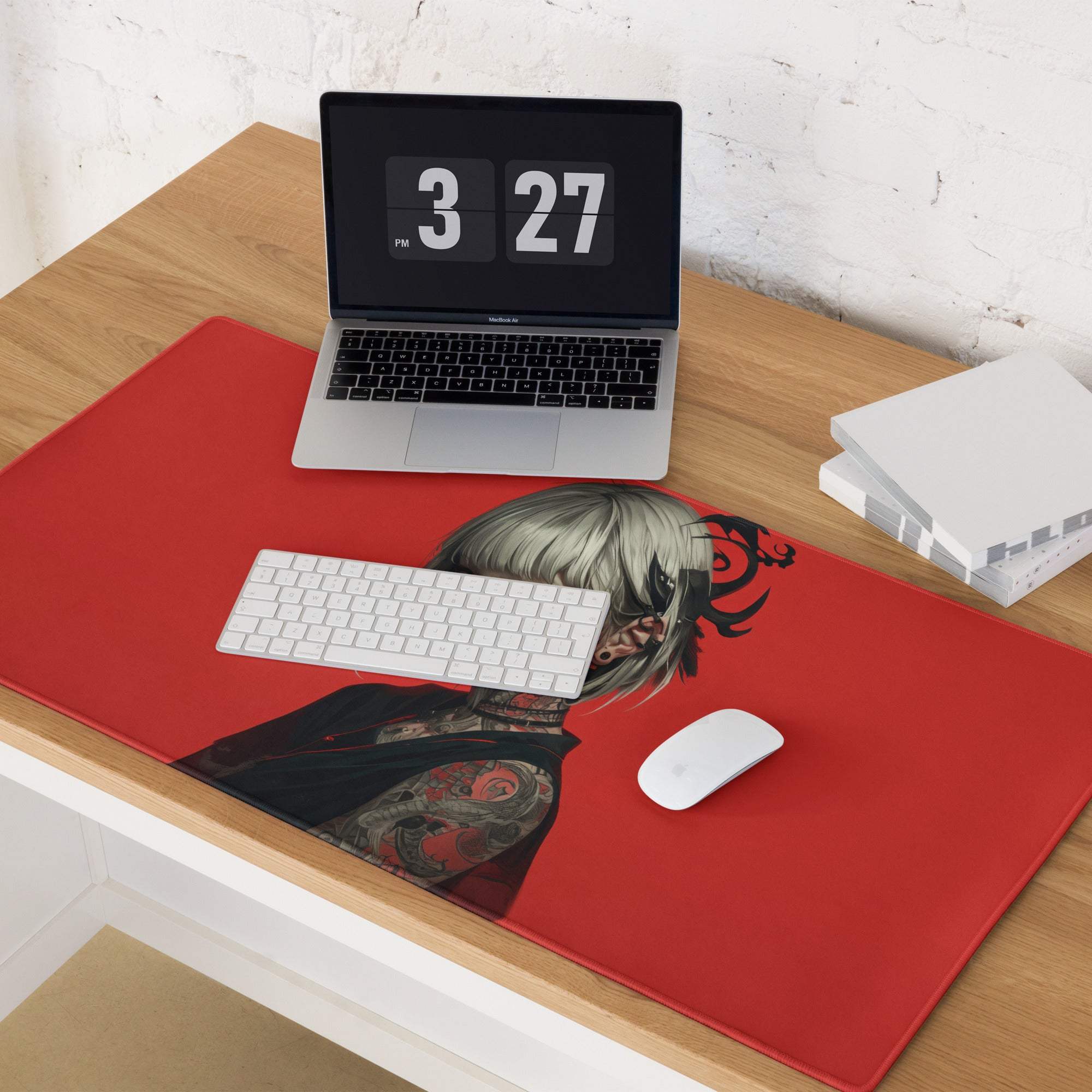 Red themed tattooed anime girl with silver hair gaming mouse pad