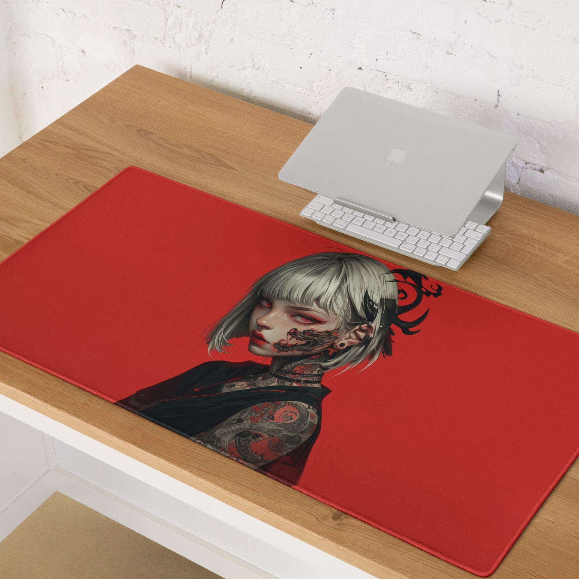 Red tattooed anime girl with silver hair gaming mouse pad, large non-slip