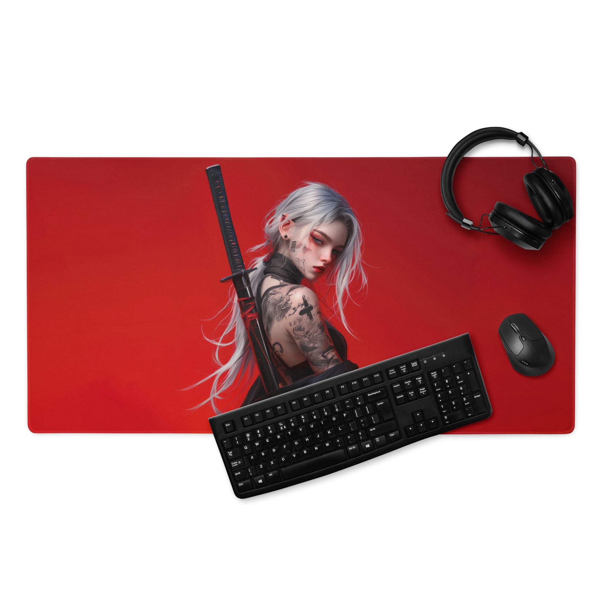 Red gothic heroine warrior anime mousepad with silver hair, tattoos, sword
