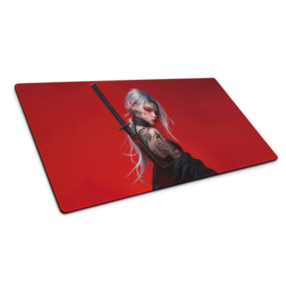 Red gothic heroine warrior anime mousepad with silver hair tattoos black sword