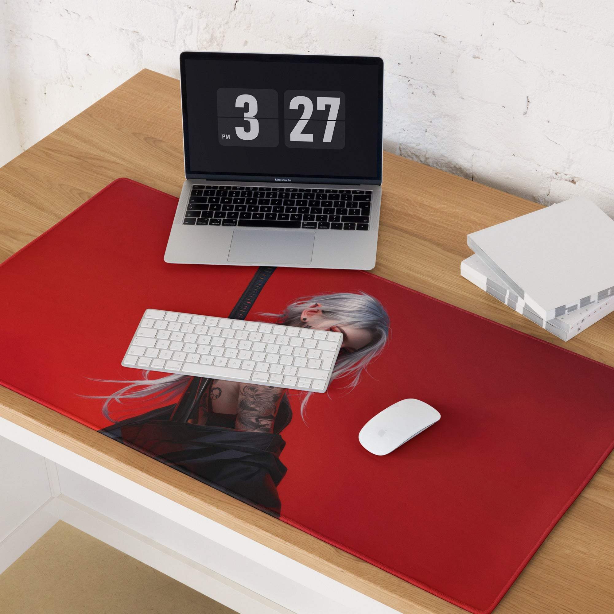 Red gothic heroine warrior mousepad with silver-haired tattooed figure