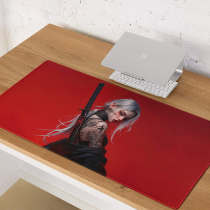 Red gaming mousepad with silver-haired anime warrior holding sword