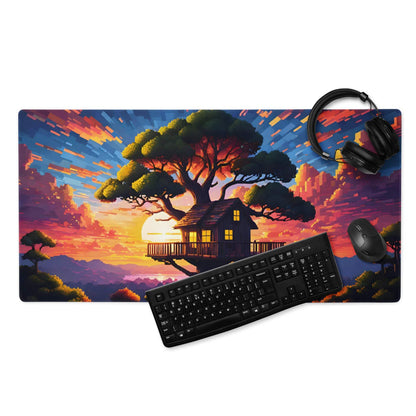 Dreamy fantasy treehouse sunset gaming mouse pad in vibrant orange purple hues