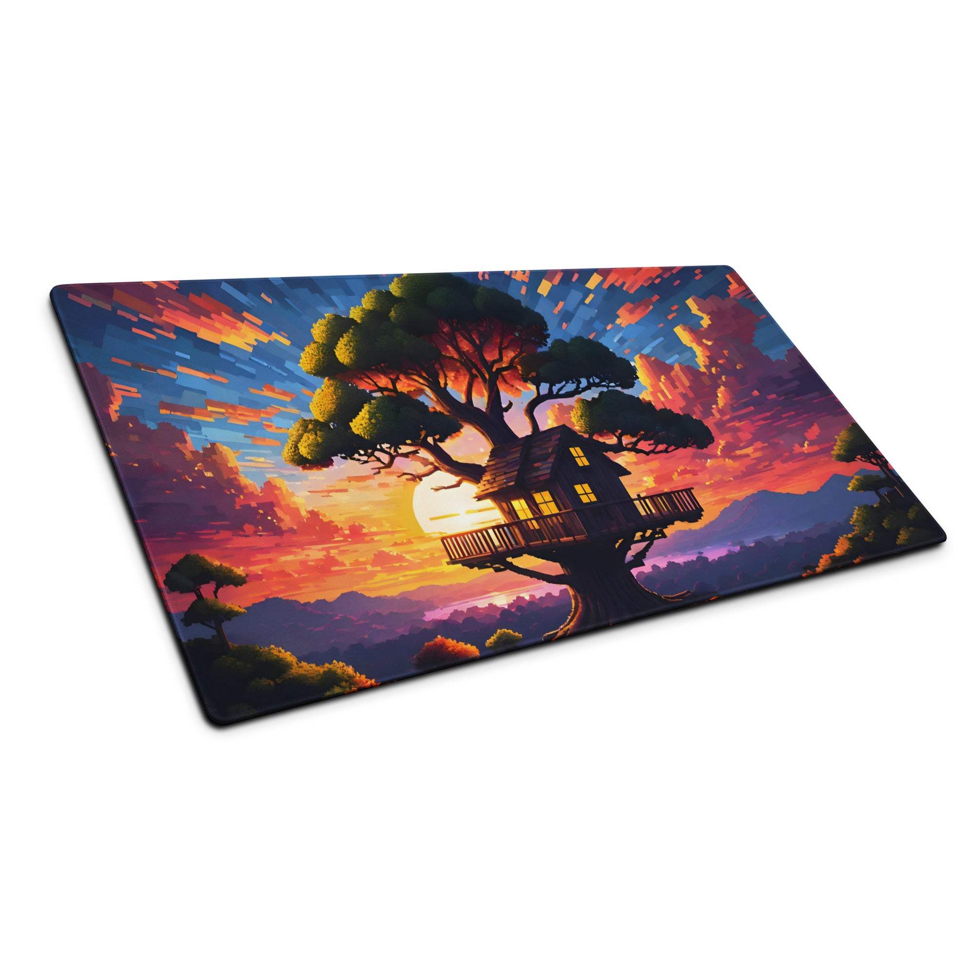 Dreamy fantasy treehouse sunset gaming mouse pad with vibrant orange purple hues