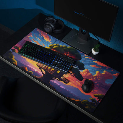 Vibrant pixel-art treehouse sunset gaming mouse pad in orange purple blue