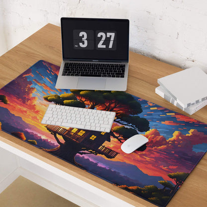 Vibrant treehouse sunset gaming mousepad in orange purple hues