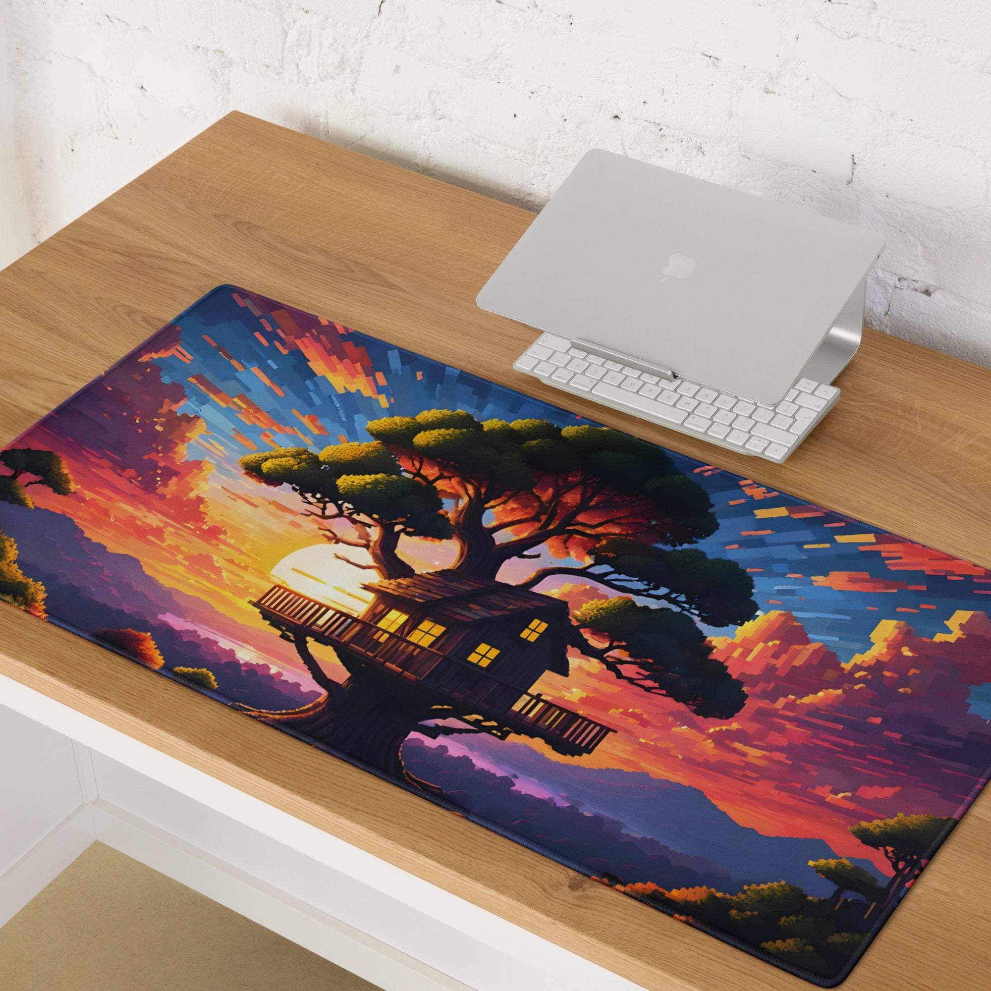 Vibrant pixel-art treehouse sunset gaming mouse pad in orange purple hues