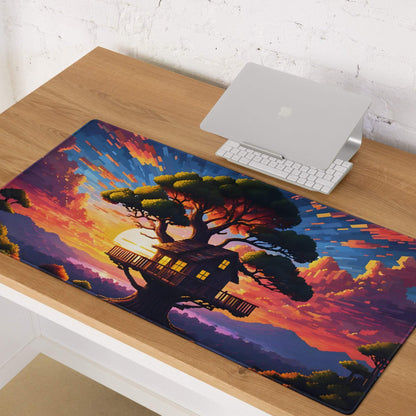 Vibrant pixel-art treehouse sunset gaming mouse pad in orange purple hues