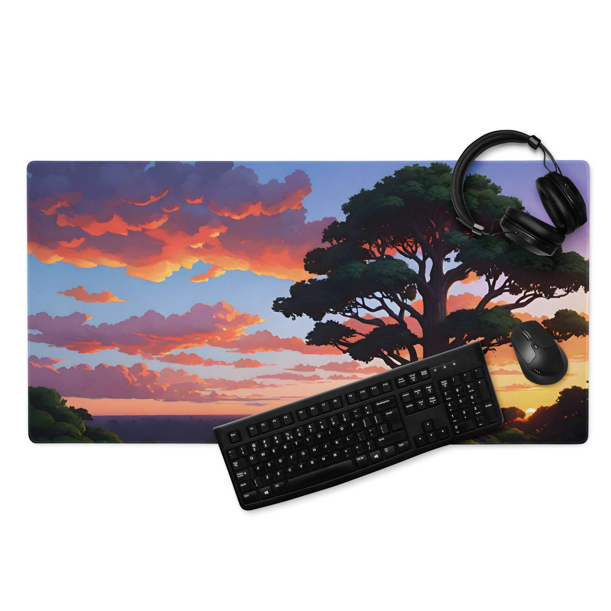 Vibrant anime sunset tree gaming mouse pad with non-slip edges