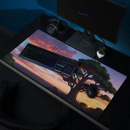 Large stylized vibrant sunset tree gaming mouse pad with non-slip edges