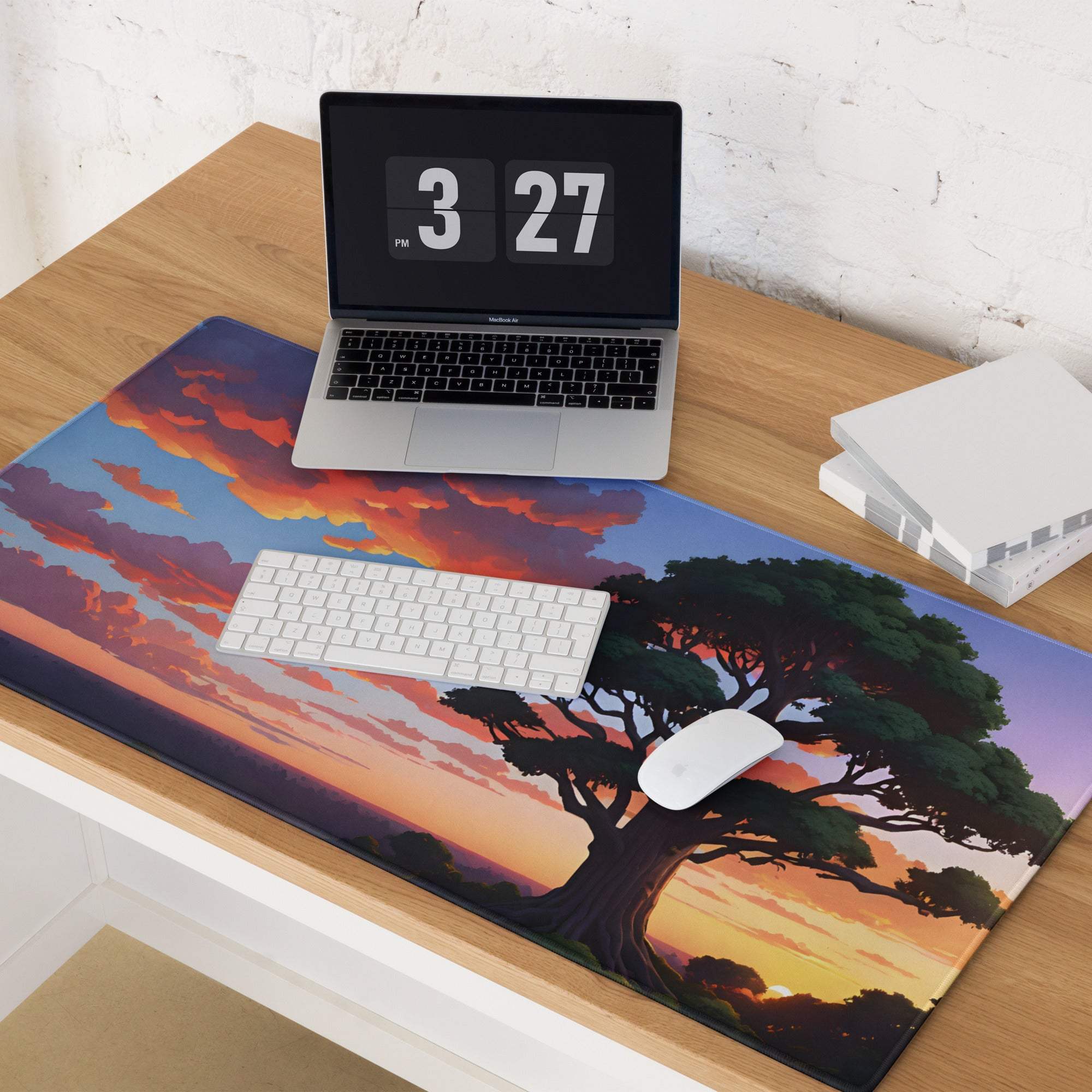 Stylized vibrant sunset tree landscape gaming mouse pad with non-slip edges