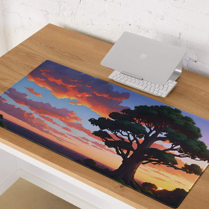 Vibrant anime sunset tree silhouette large gaming mouse pad