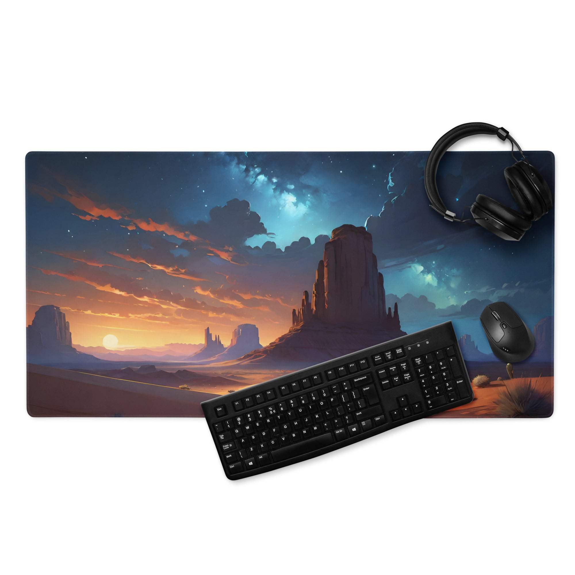 Epic desert sunset gaming mouse pad with starry sky, rocks, lightning