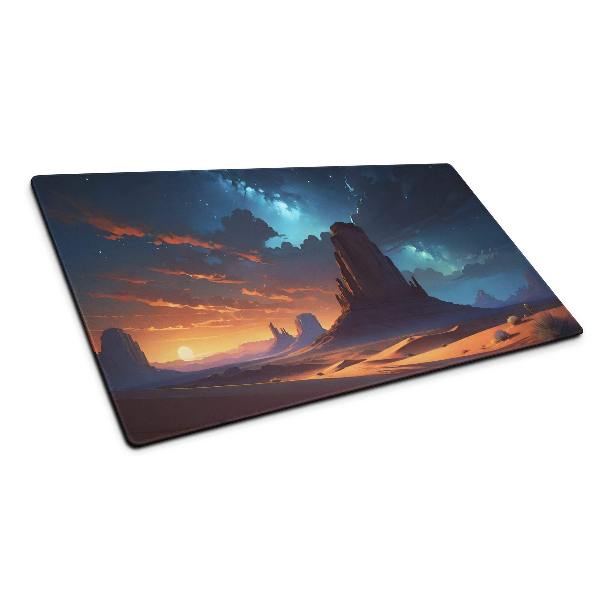 Epic desert sunset gaming mousepad with starry skies and non-slip base
