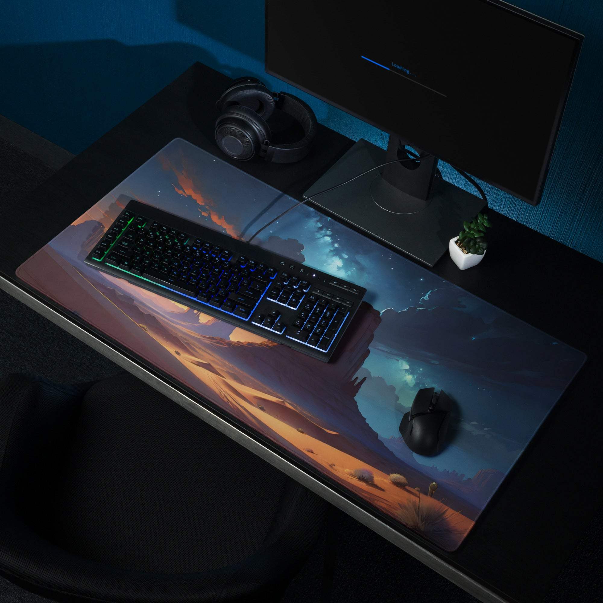 Epic Desert Landscape gaming mouse pad with sunset sky and starry night mood
