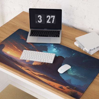 Epic desert sunset gaming mouse pad with dunes, starry sky, non-slip base