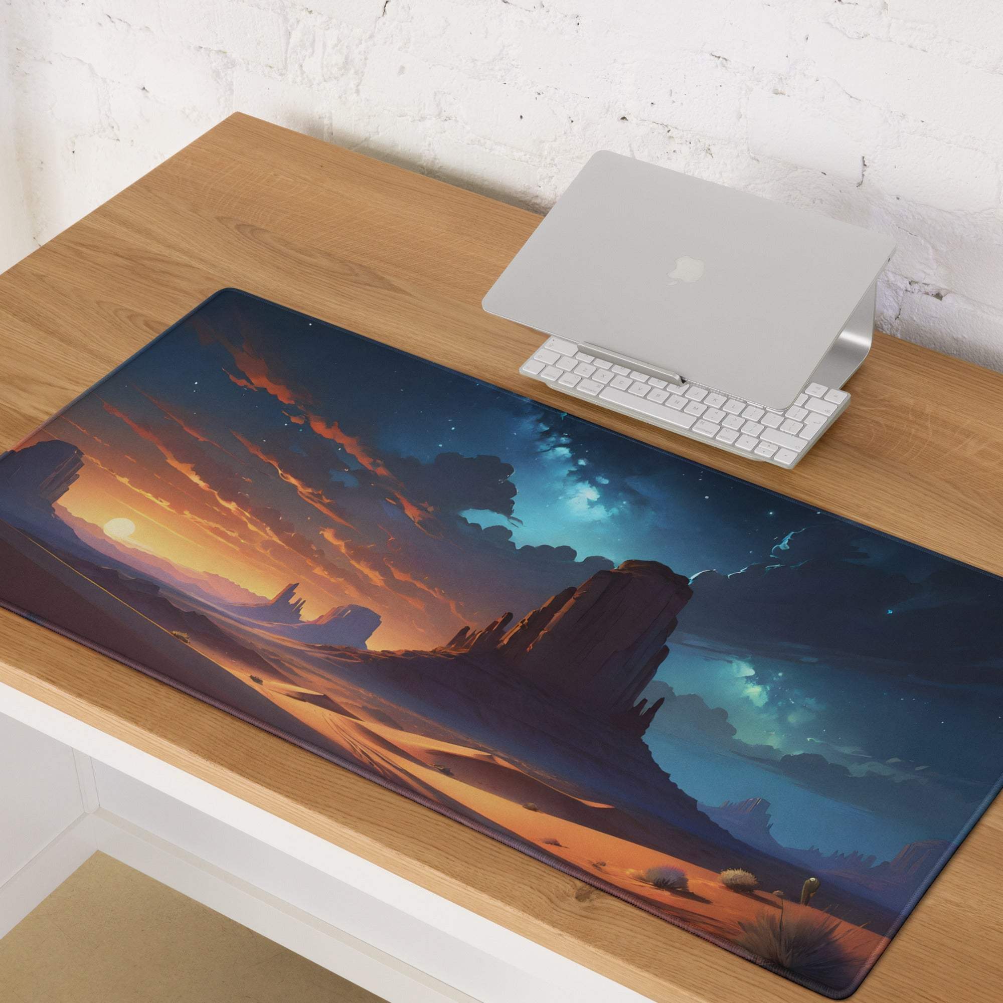 Epic desert sunset gaming mousepad with orange skies, rocks and stars