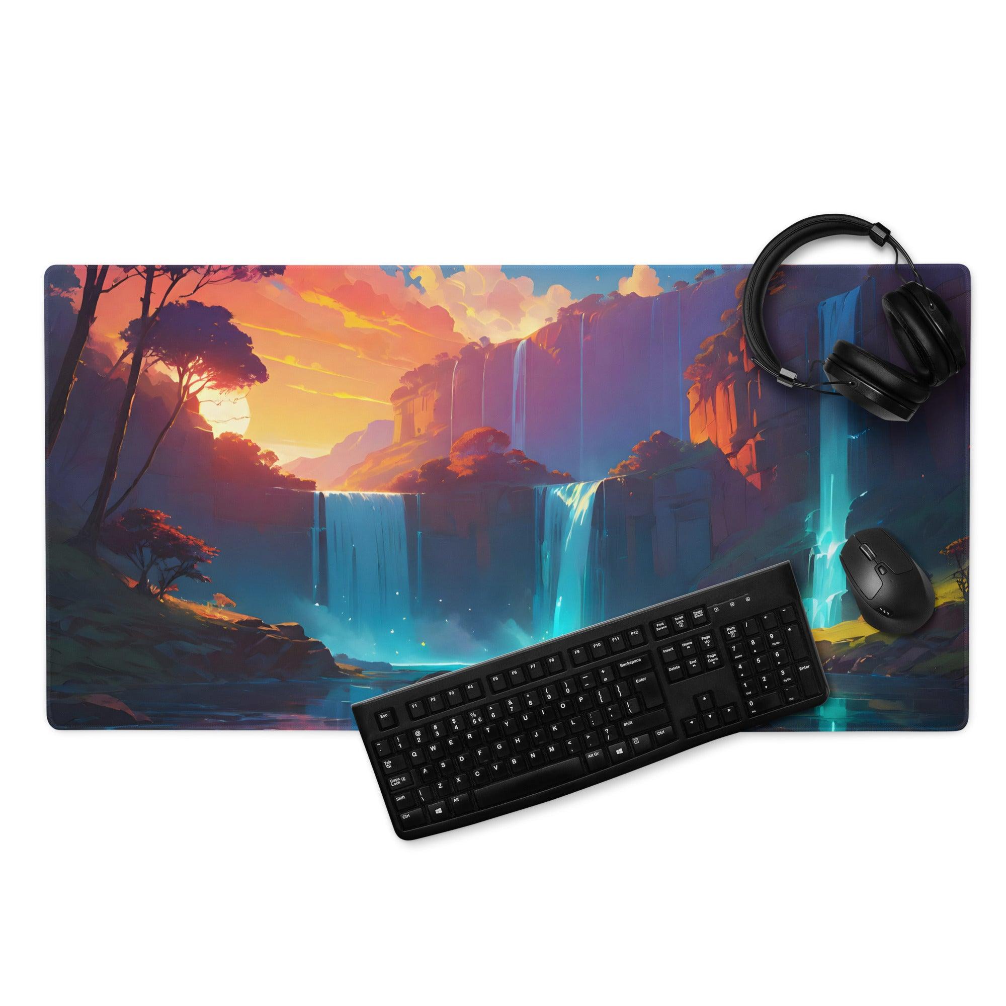 Vibrant fantasy waterfall gaming mousepad with keyboard and headset