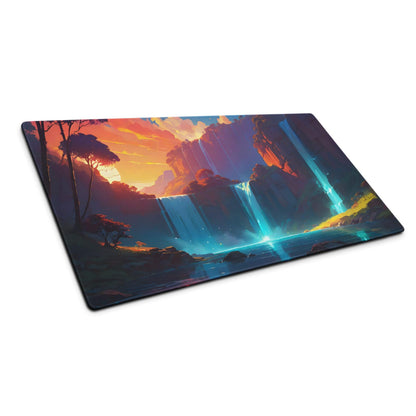 Epic fantasy landscape gaming mouse pad with waterfalls, sunset, stitching, non-slip base