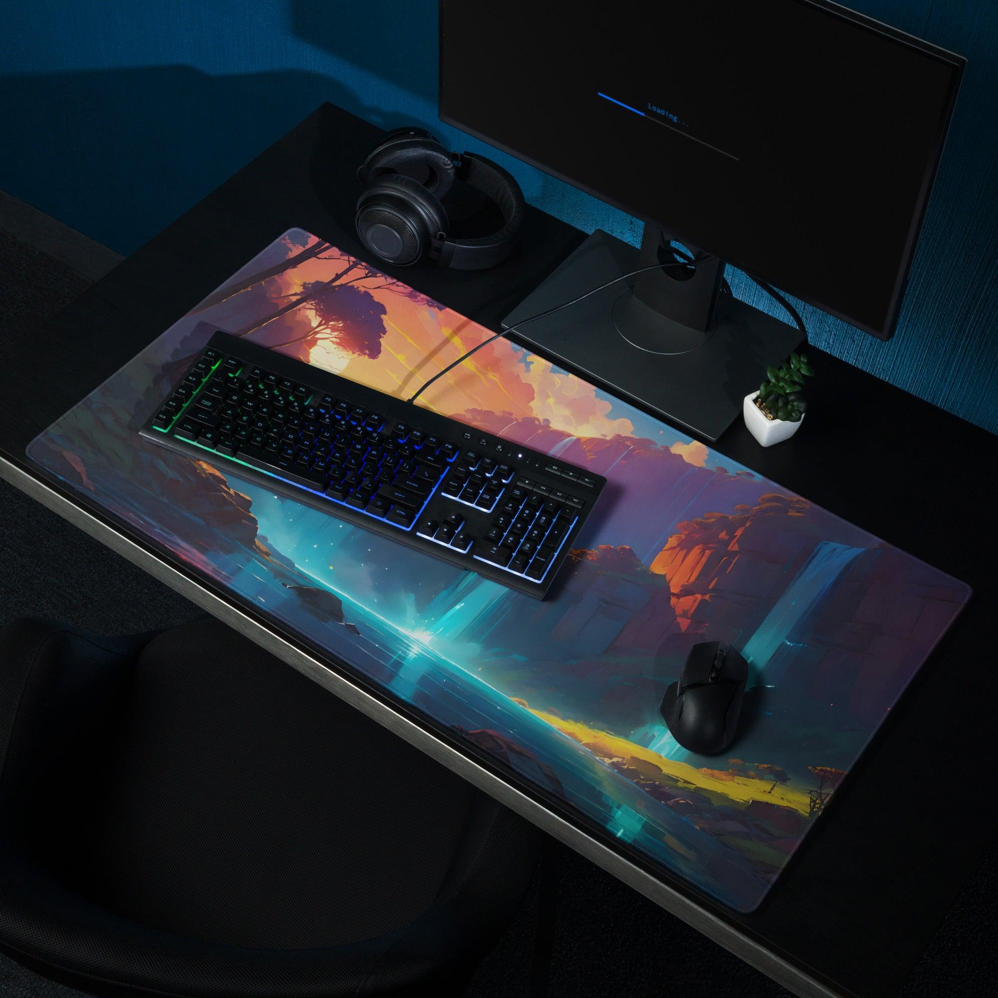 Epic fantasy landscape gaming mouse pad with sunset mountains auroras