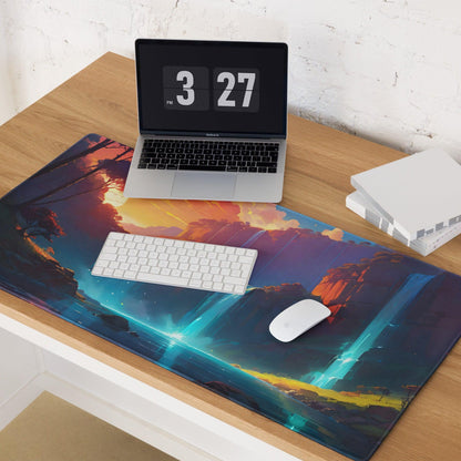 Epic fantasy gaming mouse pad with vibrant auroras, fiery cliffs, non-slip base