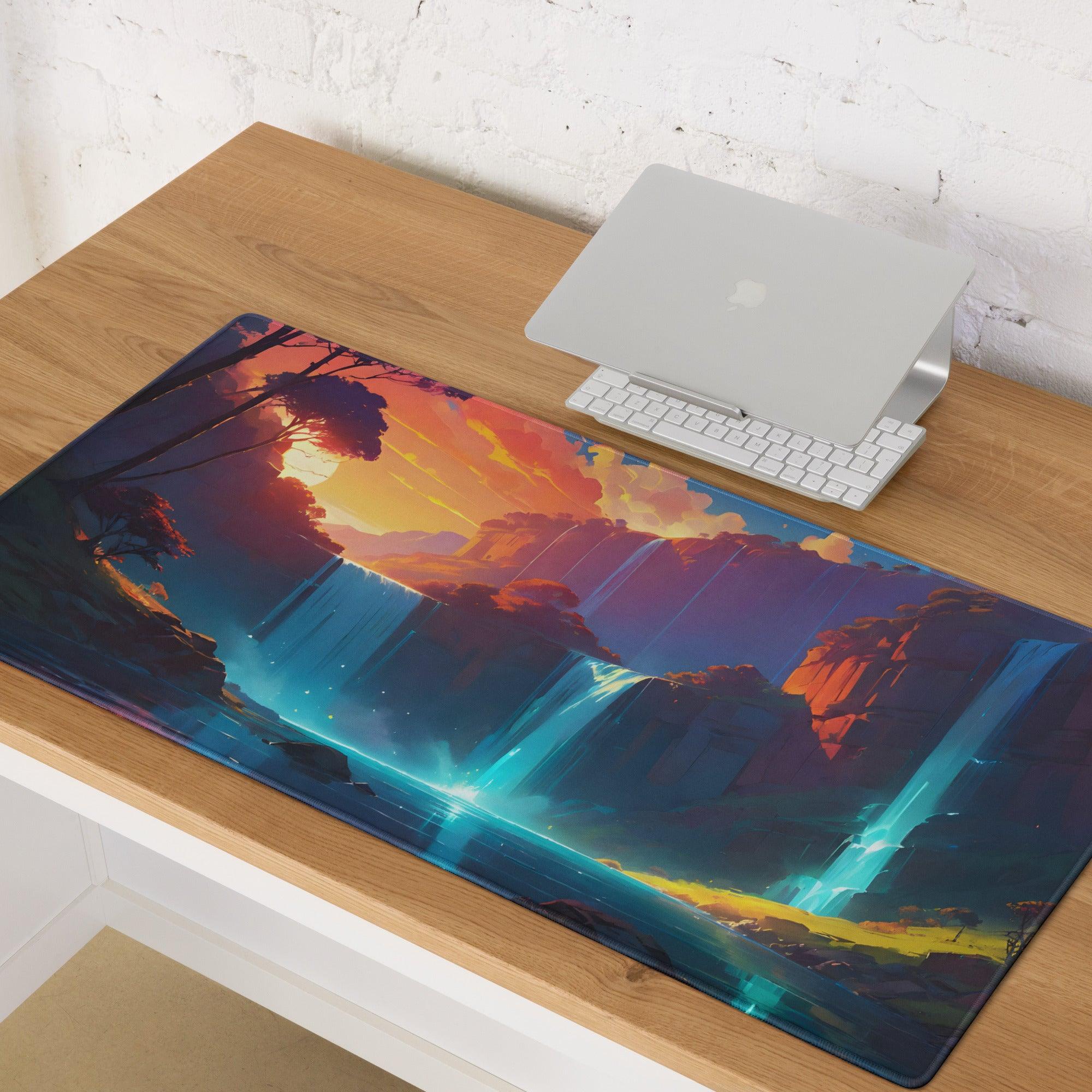 Epic fantasy landscape gaming mouse pad with vibrant waterfalls, sunset hues, edge stitching, non-slip base