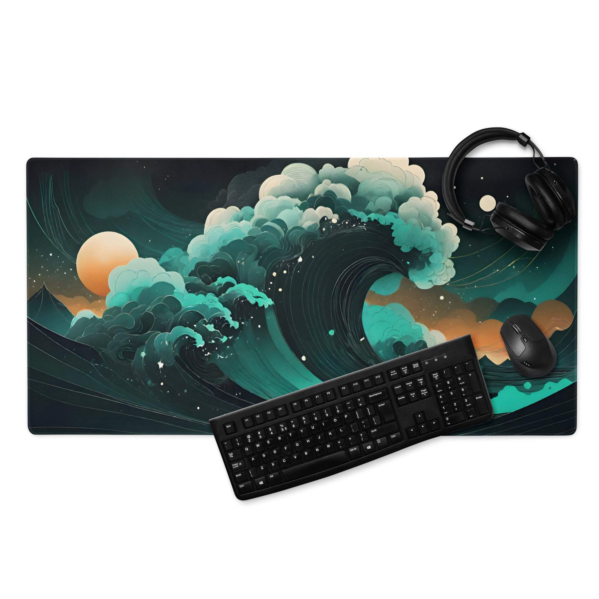 Stylish ocean wave gaming mouse pad with teal blues and sunset orange hues